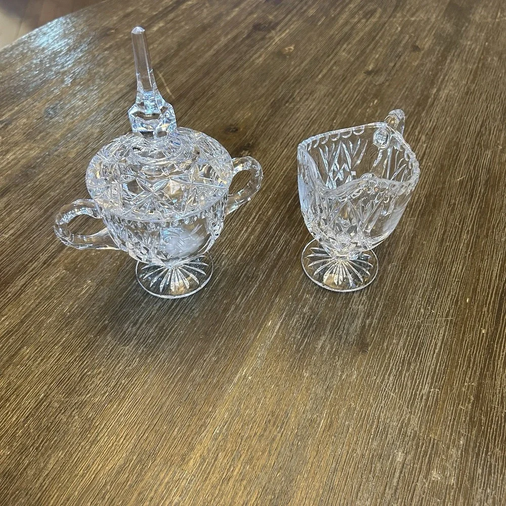 Vintage Cut Crystal Creamer & Covered Sugar Bowl Set Etched Rose Footed Floral